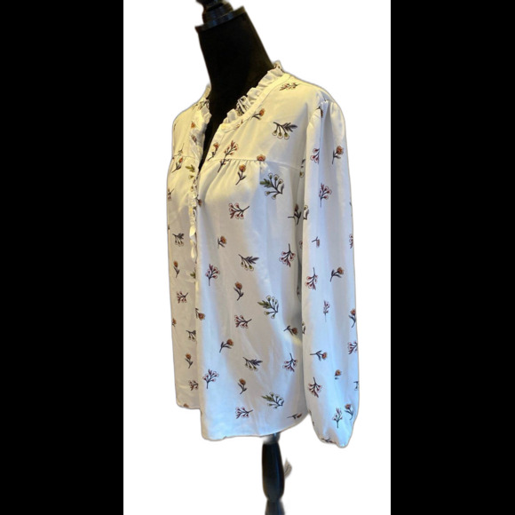 Loft Blouse Size XL Top Cream Long Sleeve Ruffle Collar 1/3 Button Front Dressy - Picture 1 of 10